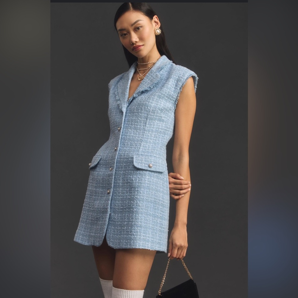 Maeve Anthropologie Light Blue and white Tweed Blazer Dress